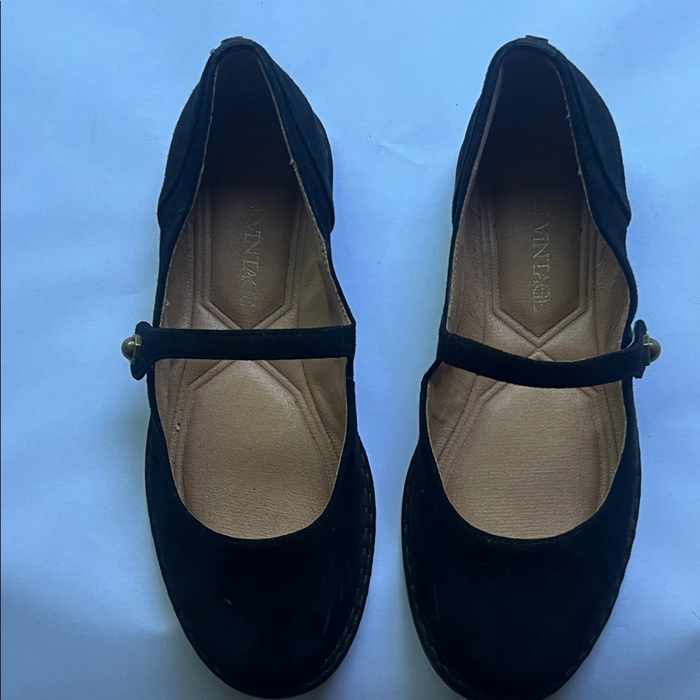 Crown Vintage Black Suede Mary Jane Flats with Strap